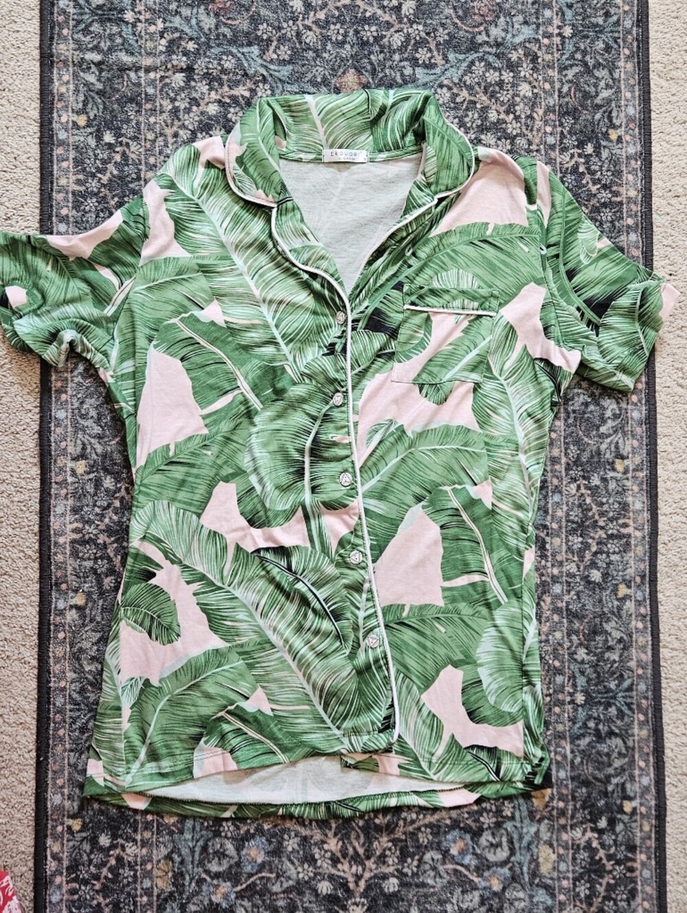 Ekouaer Green Palm Leaf Pajama Top